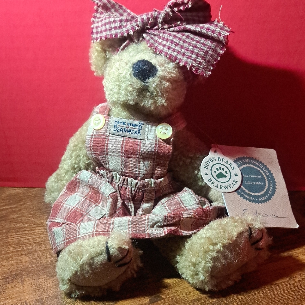 Boyds Bears Beige Teddy in Red Checkered Dress